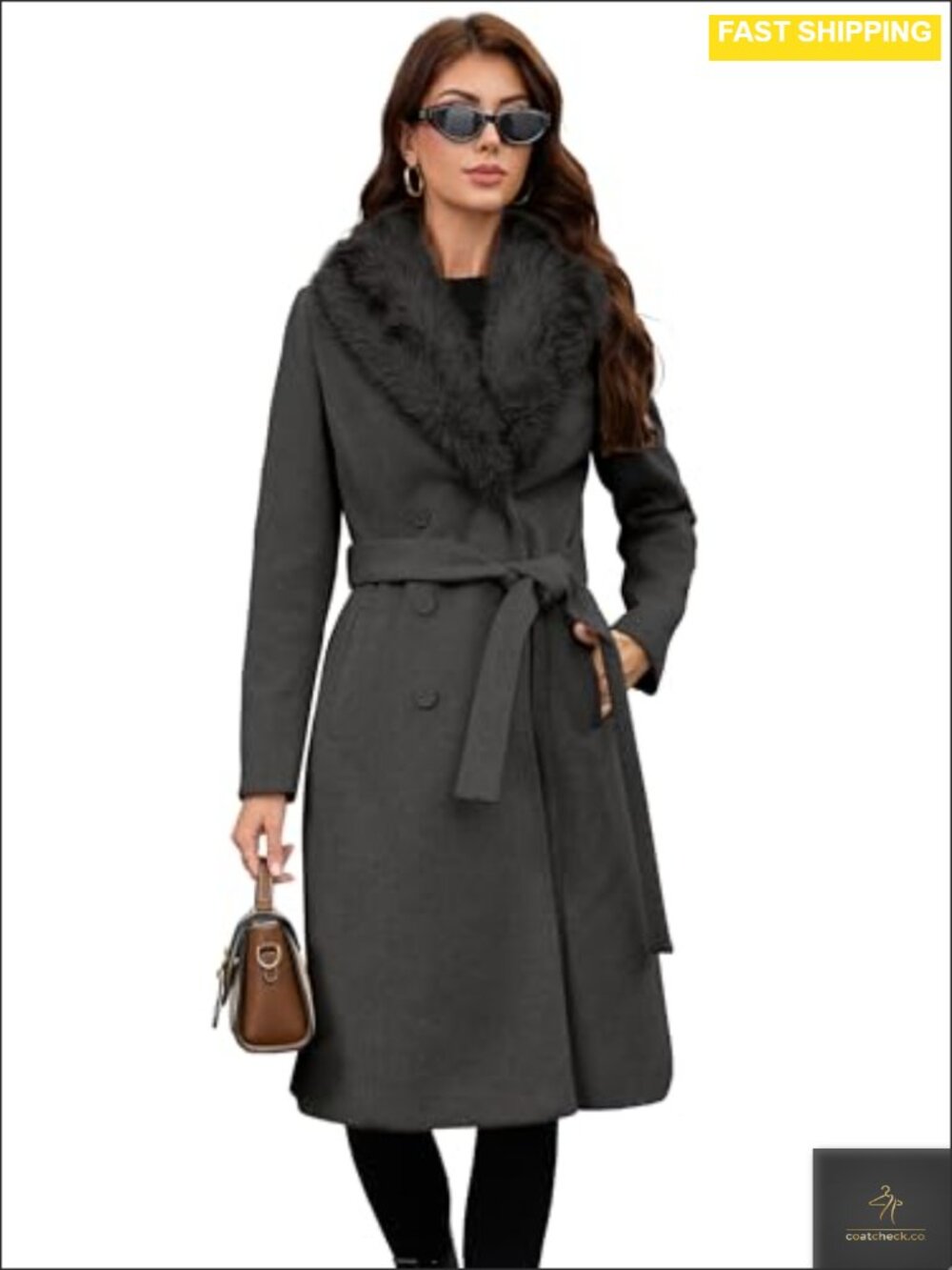 Wool Blend Double-Breasted Belted Trench Coat with Faux Fur Collar